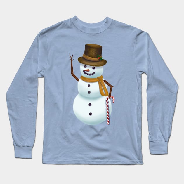 Snowman with Candy Cane Long Sleeve T-Shirt by Art-by-Sanna